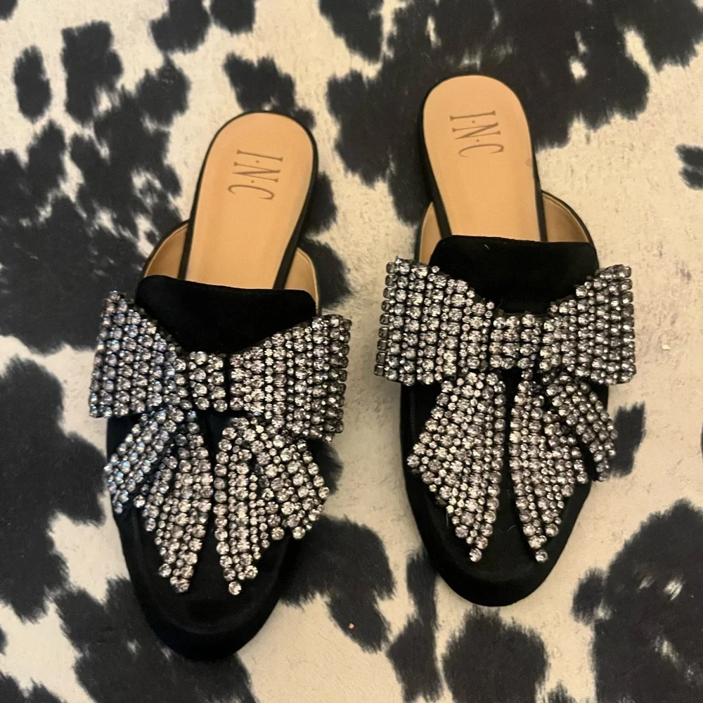 INC International Concepts Black and Silver Rhinestone Mules - Picture 1 of 4